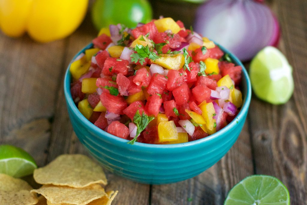 picture of watermelon salsa in a blue bowl 
