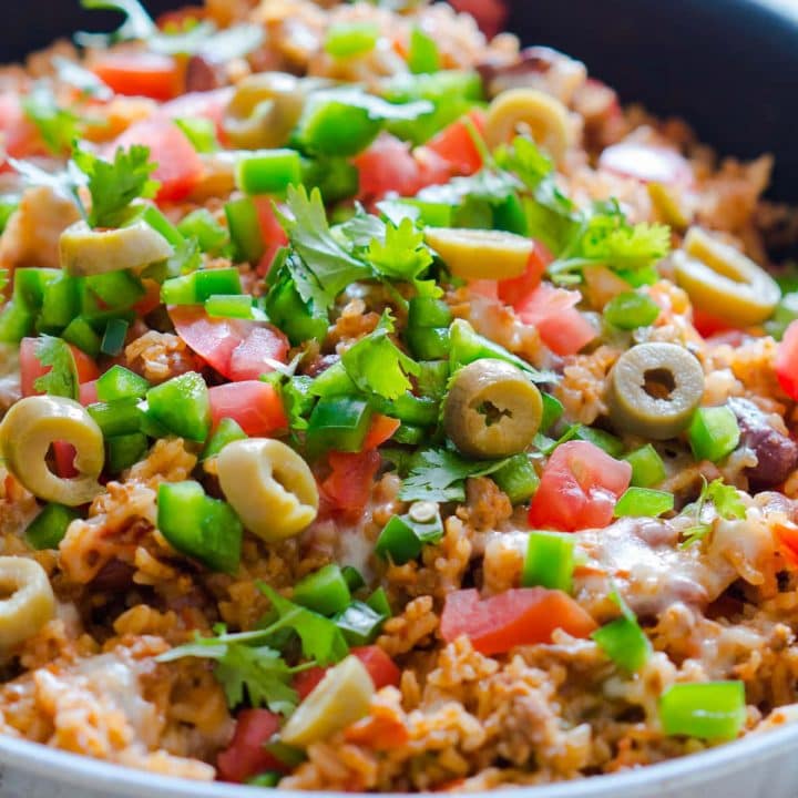 A Mexican beef and rice skillet with vegetables.