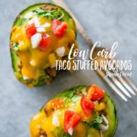 Low carb avocado taco dinner using stuffed avocados that stay fresh without browning.