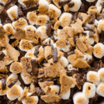Close-up of s'mores ingredients: toasted marshmallows, graham cracker pieces, and chocolate chunks ready to blend into gooey Rice Krispie treats.