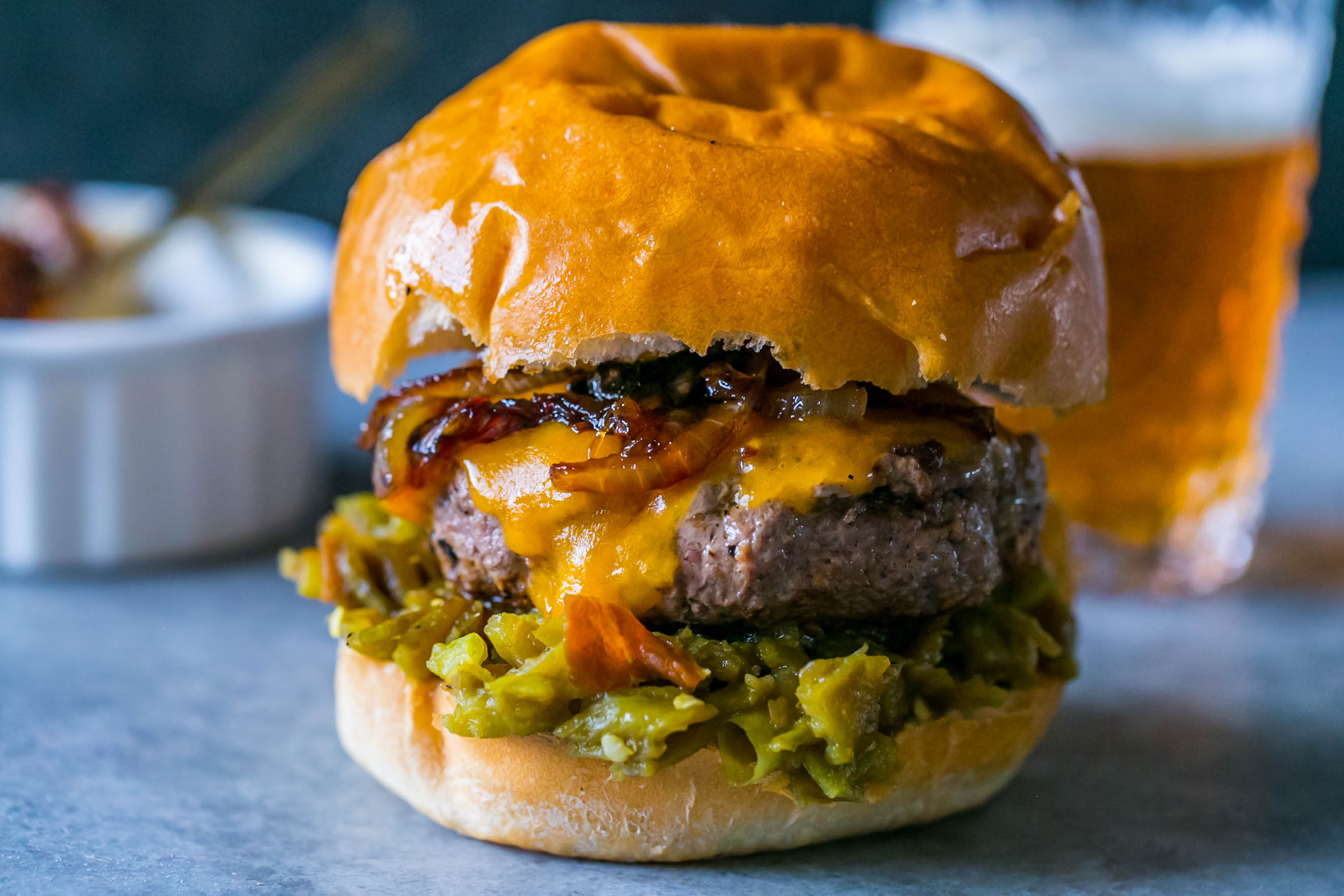 These whiskey onion green chili burgers are so delicious! No grill needed! 