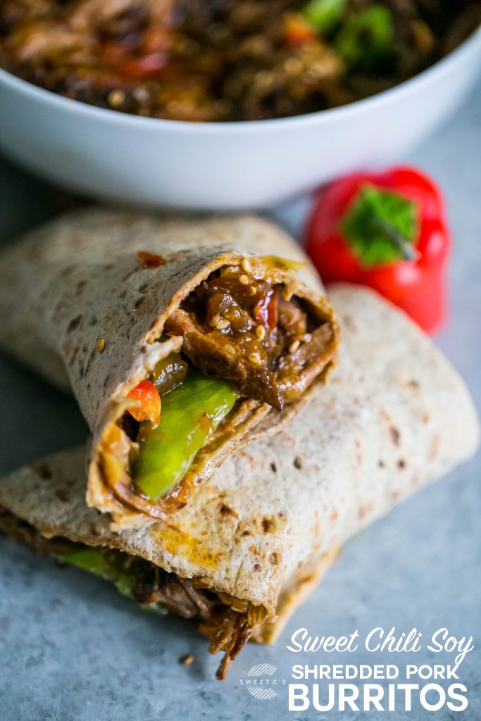 Sweet Chili Soy Shredded Pork Burritos - these are so easy and delicious!