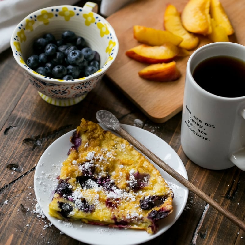 pancake in a cash iron skillet with blueberries and peaches