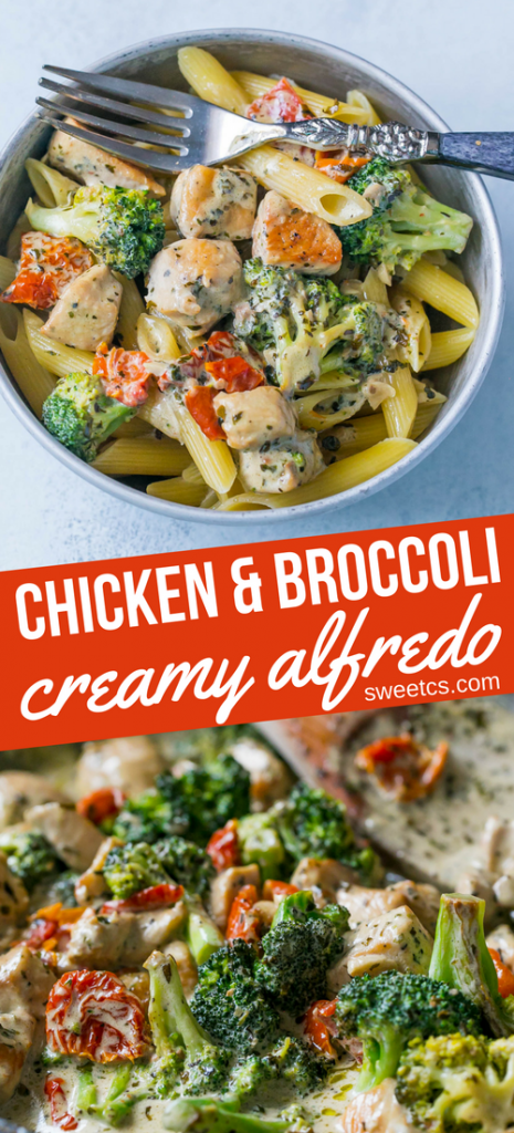 Creamy chicken broccoli alfredo in a bowl with a wooden spoon