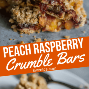 Peach and raspberry crumble bars with oatmeal crust and topping on a plate.