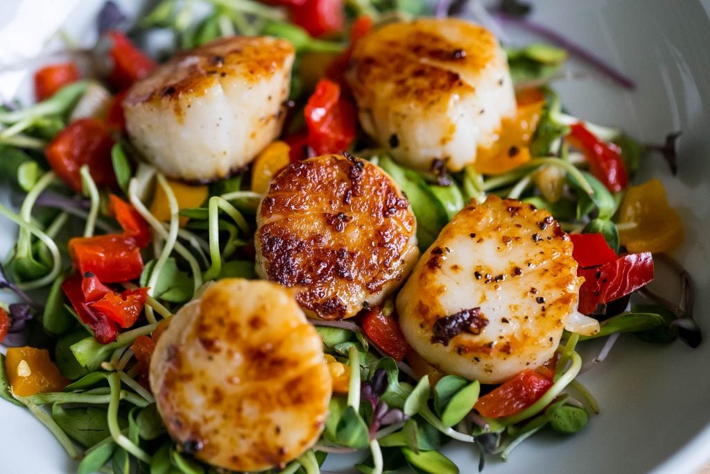 microgreens with red bell pepper and seared scallops