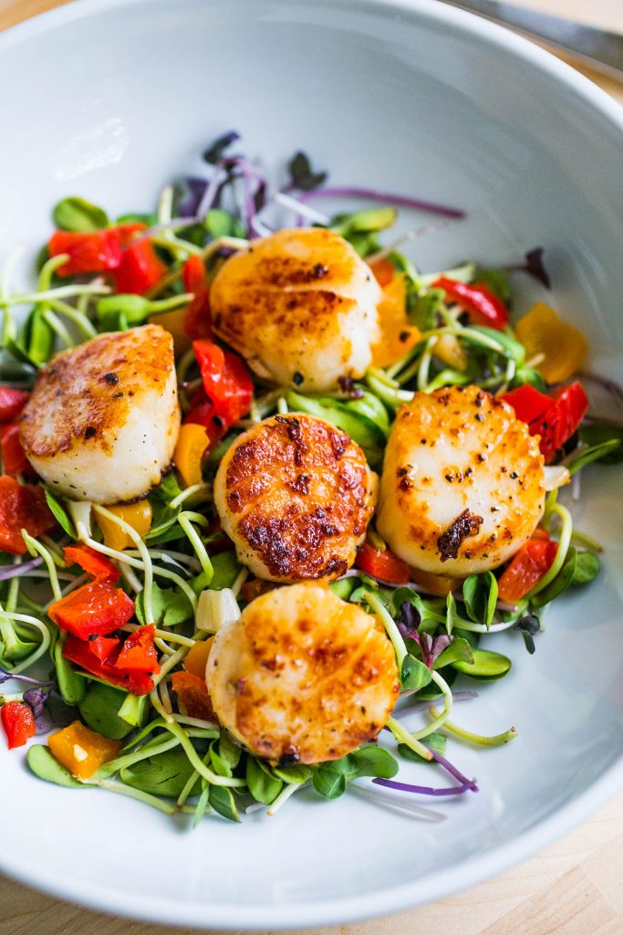 microgreens with red bell pepper and seared scallops