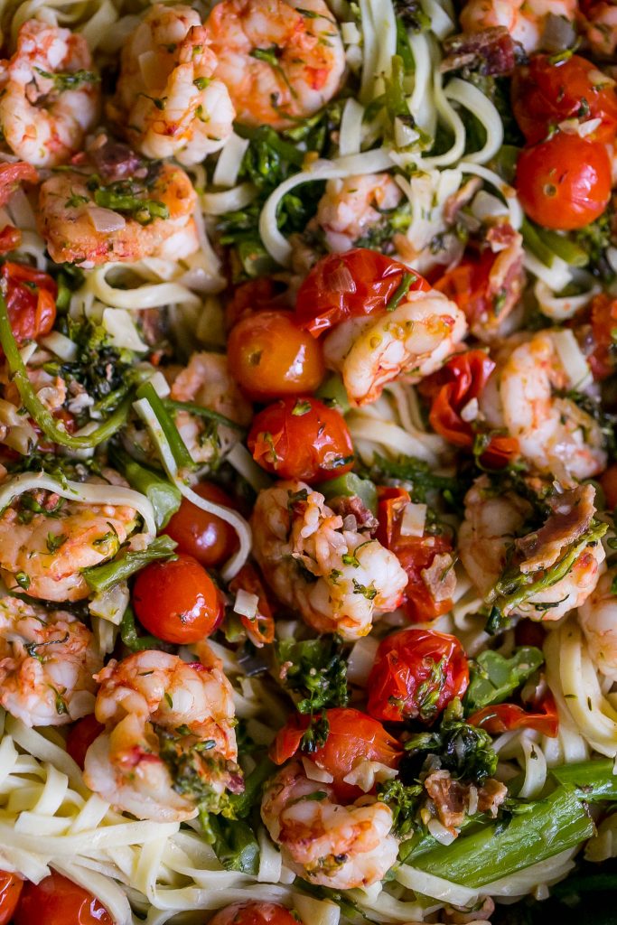 Tuscan Shrimp Linguine - full of garlic, tomato, and broccolini flavor! 