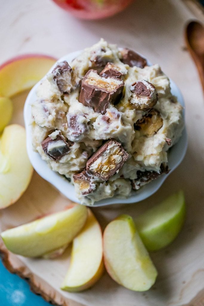 snickers fruit dip with bits of snickers in it. 