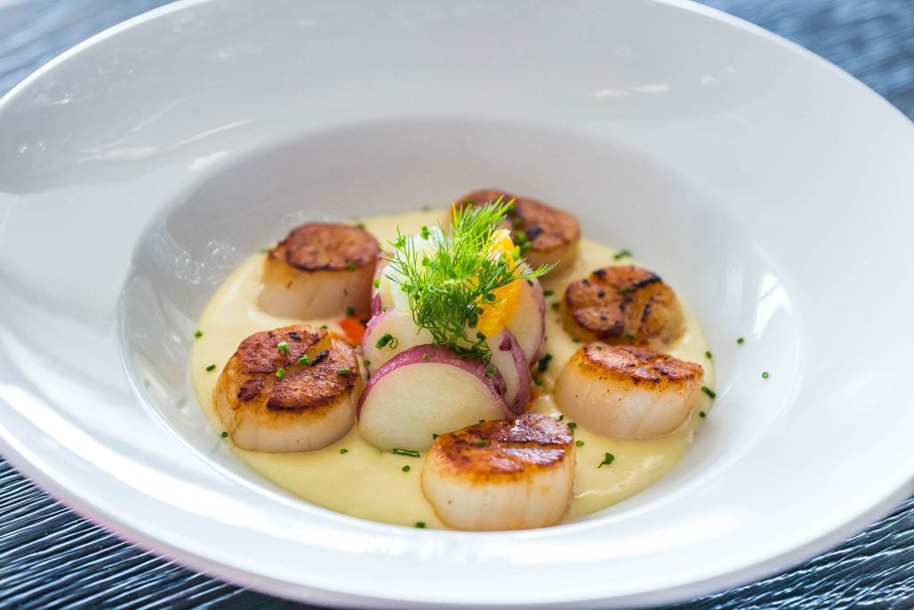 creamy sauce, scallops and potatoes