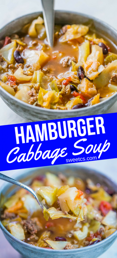 Picture of hamburger cabbage soup in a metal bowl with a spoon 