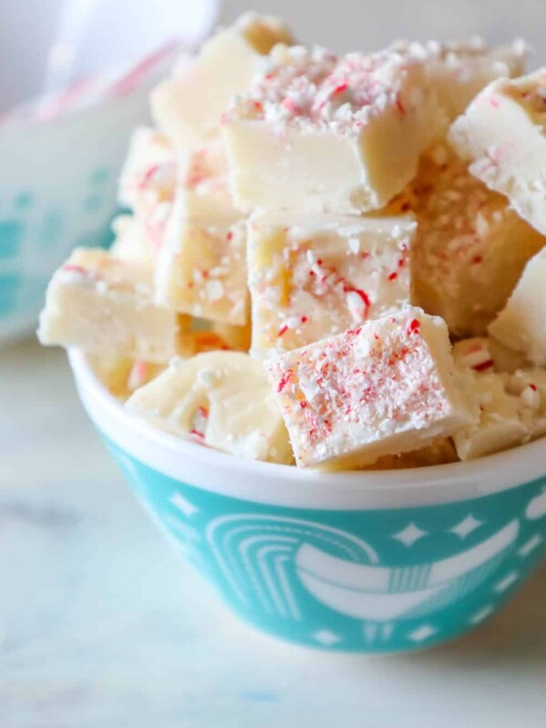 Peppermint fudge with candy canes, made using a microwave fudge recipe.