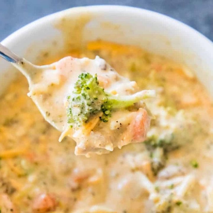 A creamy broccoli soup with sausage, cooked slowly in a slow cooker.