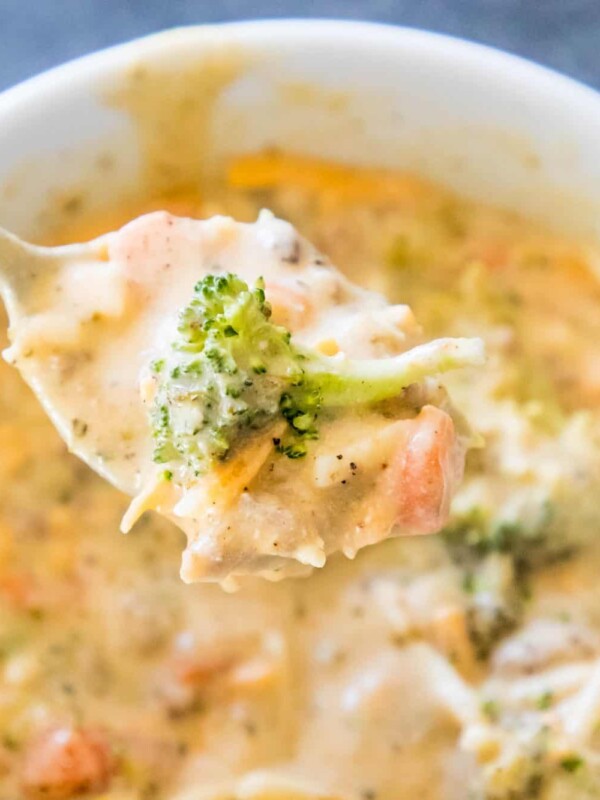 Slow cooker bowl of creamy broccoli soup.