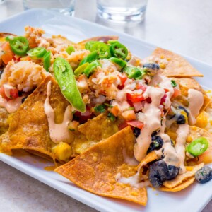 A plate of Puerto Vallarta nachos on a white plate.