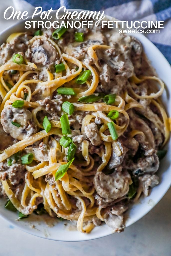 noodles with creamy stroganoff with mushrooms and chives on top sitting on a white plate