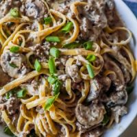 A creamy pasta dish with beef and mushrooms.