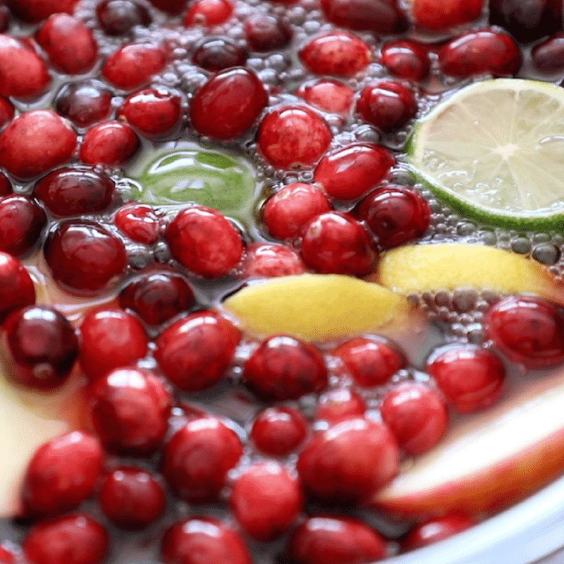 A bowl filled with cranberries, apples and limes, perfect for making the Best Mulled Cider Ever!