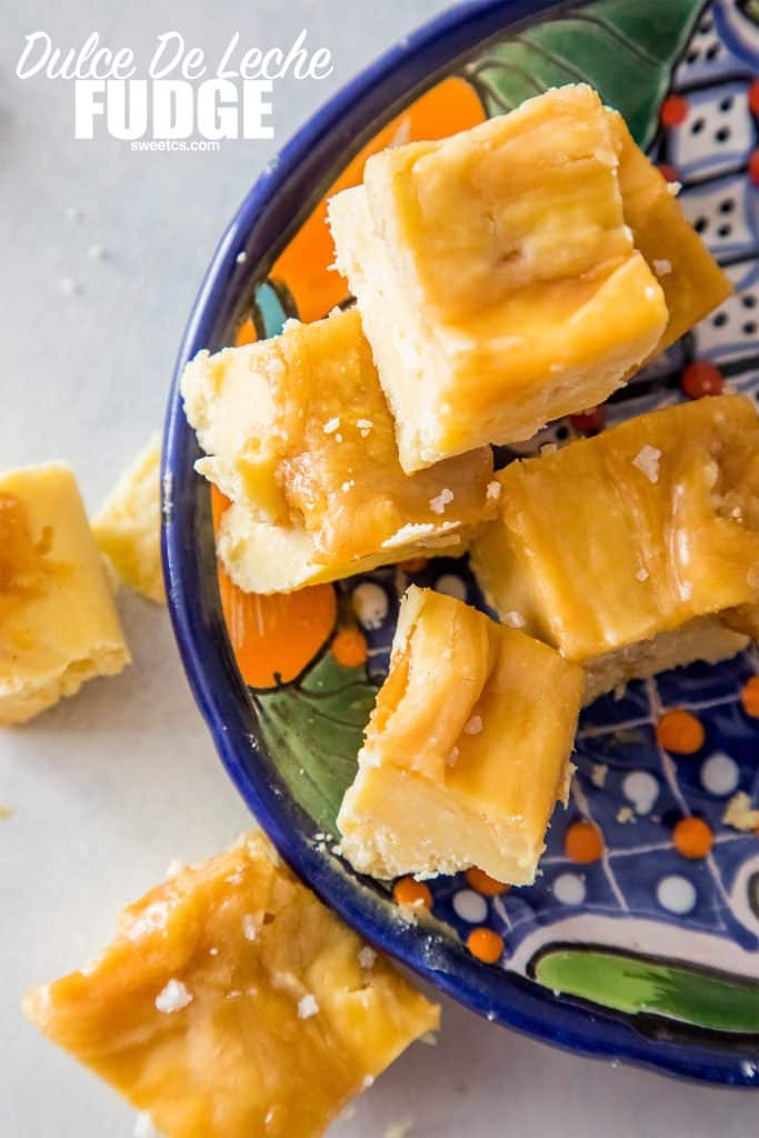 creamy caramel colored fudge stacked on a plate