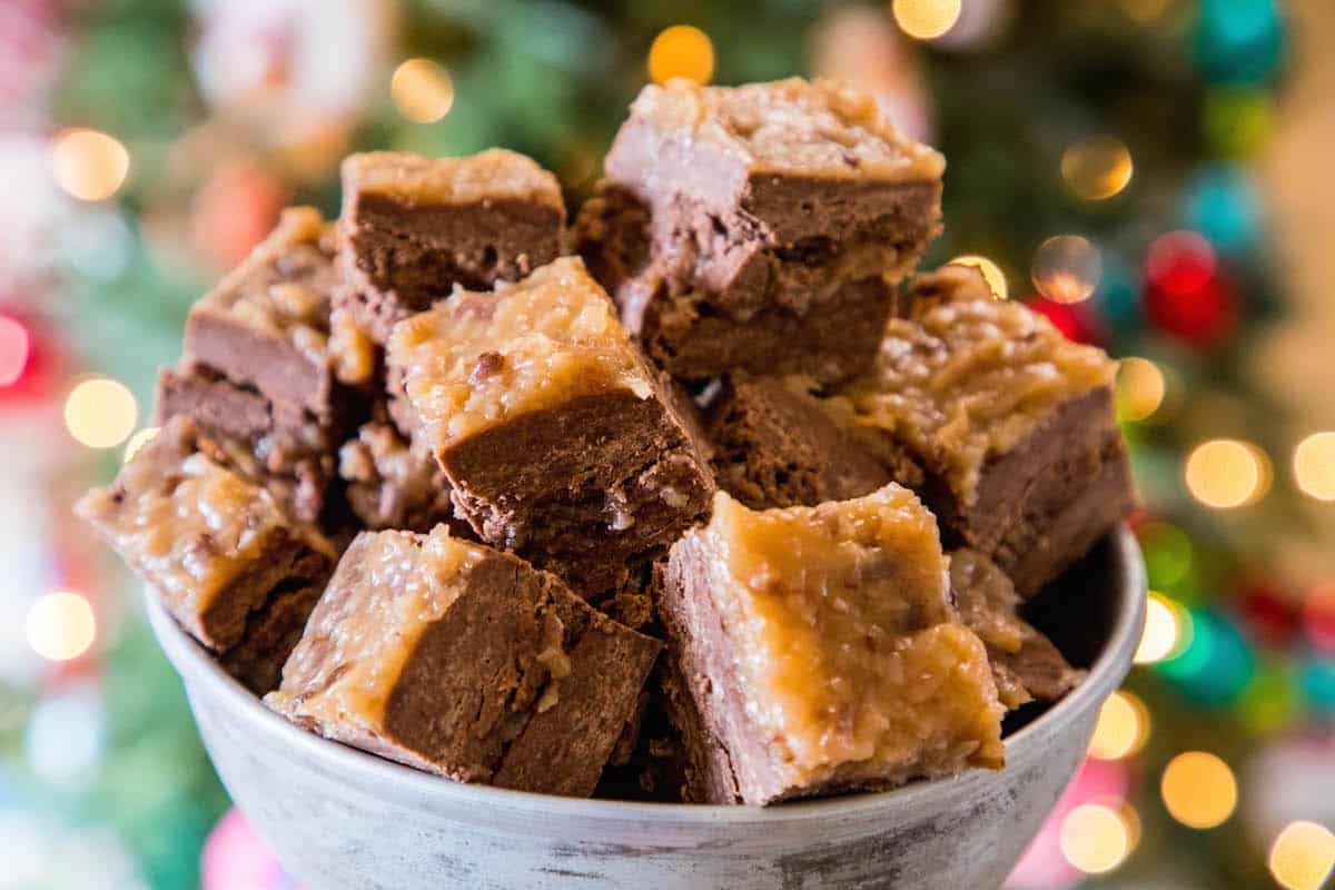 chocolate fudge with coconut spread on top