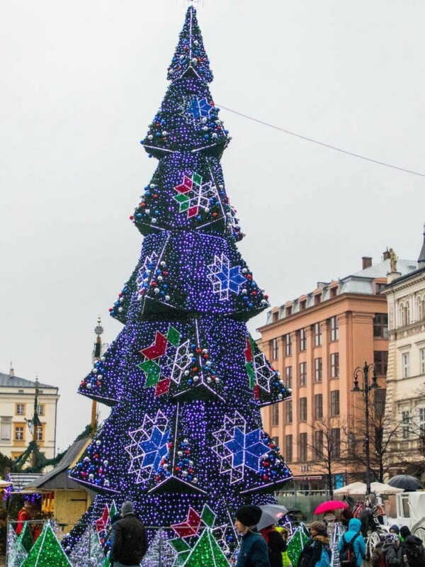 A grand Christmas tree stands tall in the heart of Krakow's Christmas Market.