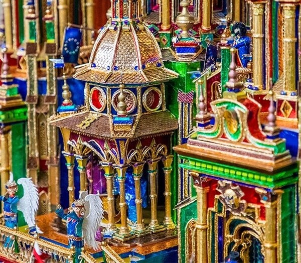 An ornately decorated model of a church entered in the Krakow Nativity Competition.