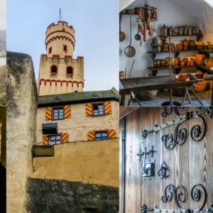 A collage of pictures depicting Marksburg Castle, including a clock tower.
