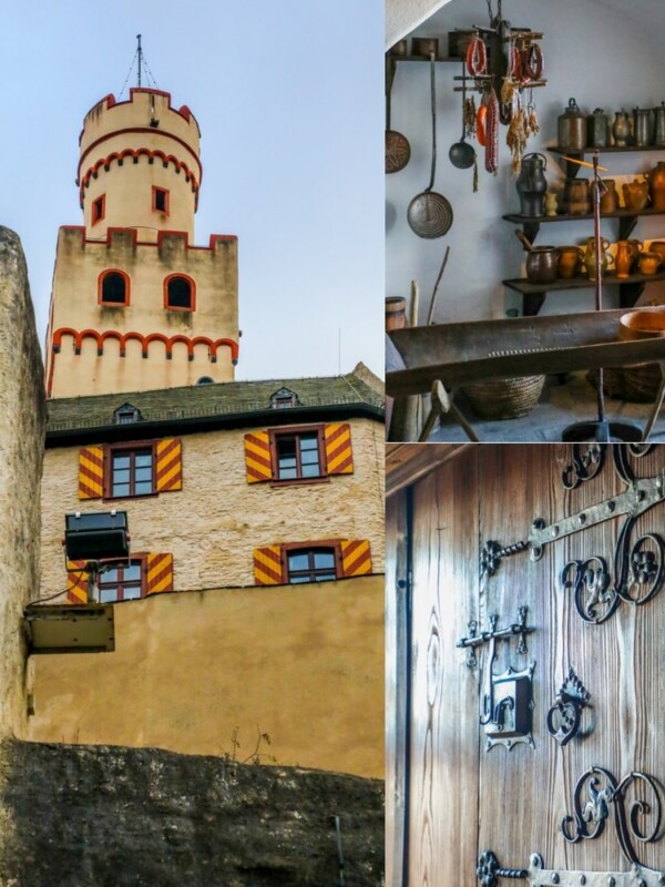 A collage of pictures depicting Marksburg Castle, including a clock tower.