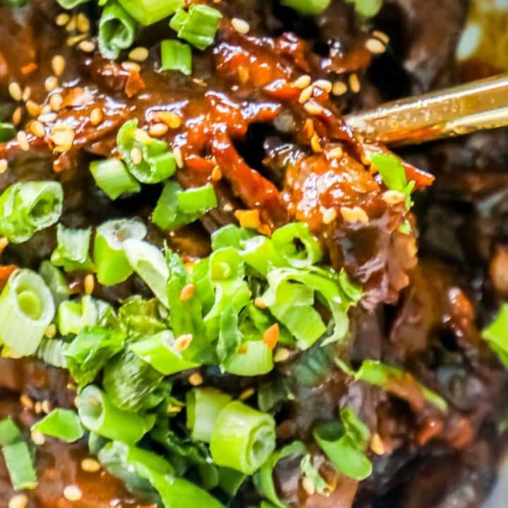 A bowl of Skinny Mongolian Beef with green onions.