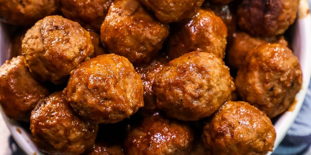 bowl of whiskey bbq meatballs up close.