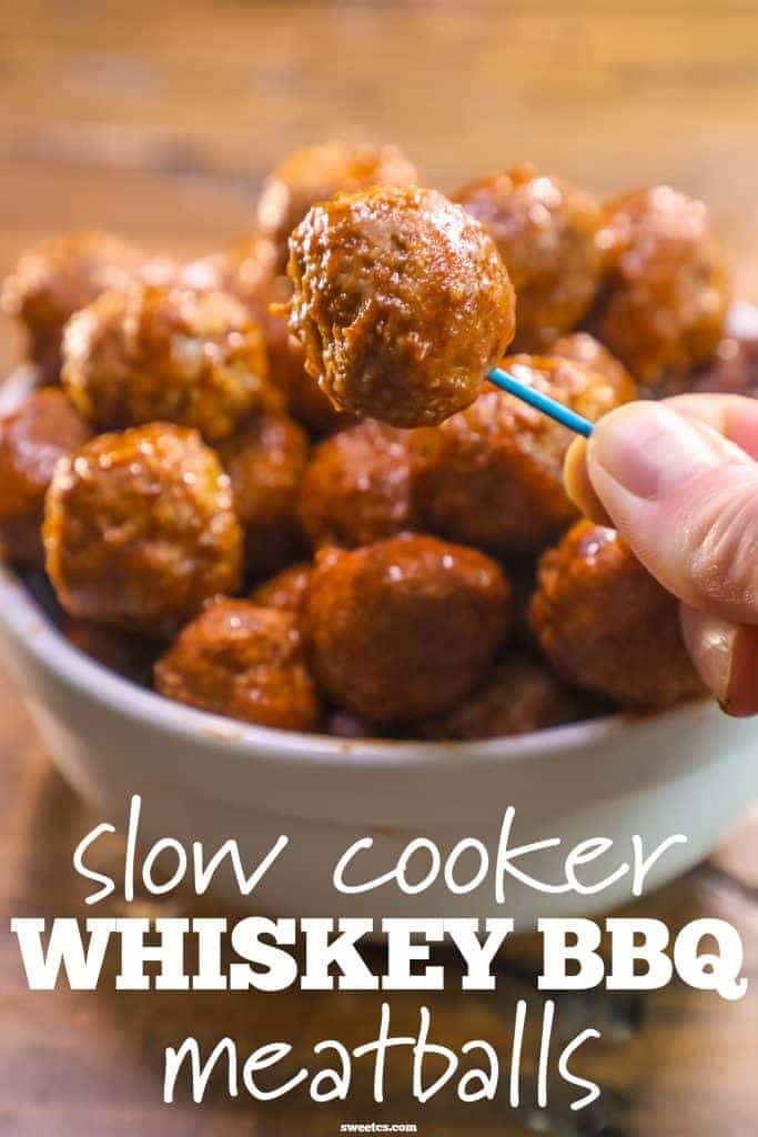 meatball on a toothpick up close, bowl of meatballs in the background, slow cooker bbq meatballs written across it. 