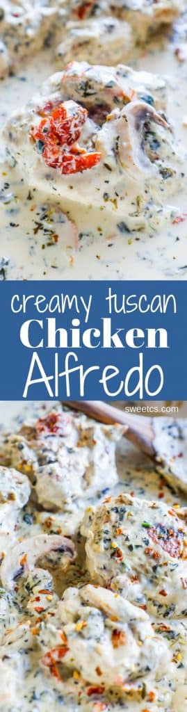 creamy tuscan chicken alfredo with tomatoes on it