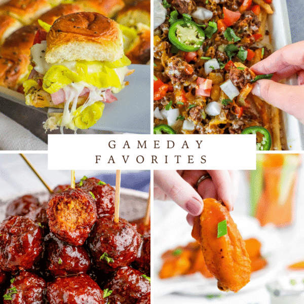 A collage of four game day foods: a slider sandwich, loaded nachos, barbecue meatballs, and a hand holding a sauced chicken wing. Text in the center reads "GAMEDAY FAVORITES: 12 Delicious Foods for Gameday.