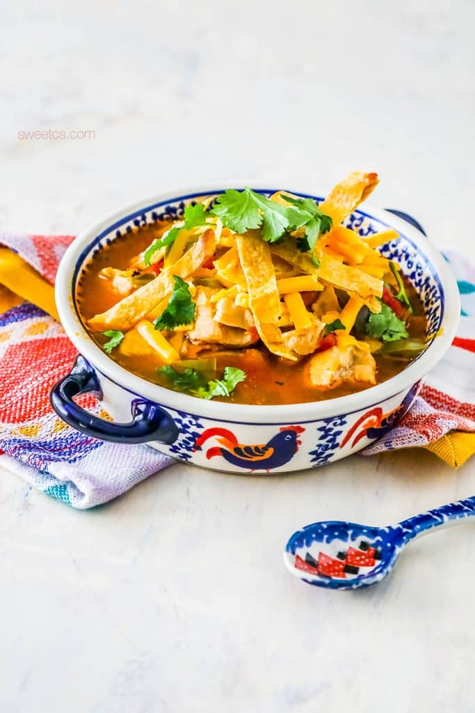 soup with cilantro, cheese, and tortilla strips on it