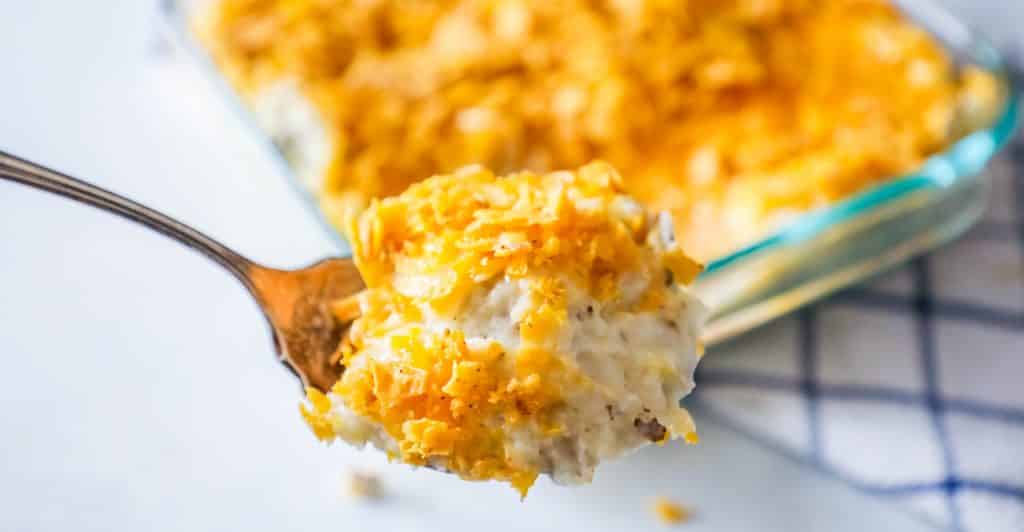 creamy casserole with chips on top