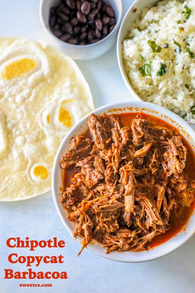 bowl of barbacoa beef, tortillas on the side and bowl of rice on the side,