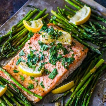 Sheet Pan Lemon Garlic Salmon with Asparagus and Lemon Wedges.