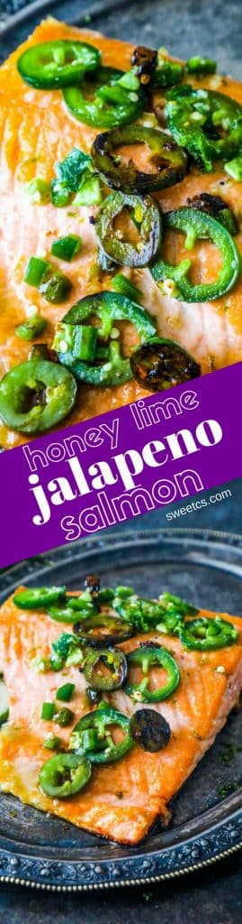 picture of salmon with jalapenos on it, honey lime jalapeno salmon written across it. 