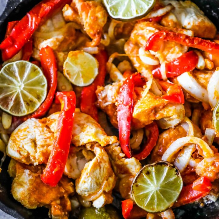 Skillet-cooked Chicken Fajitas with Onions.