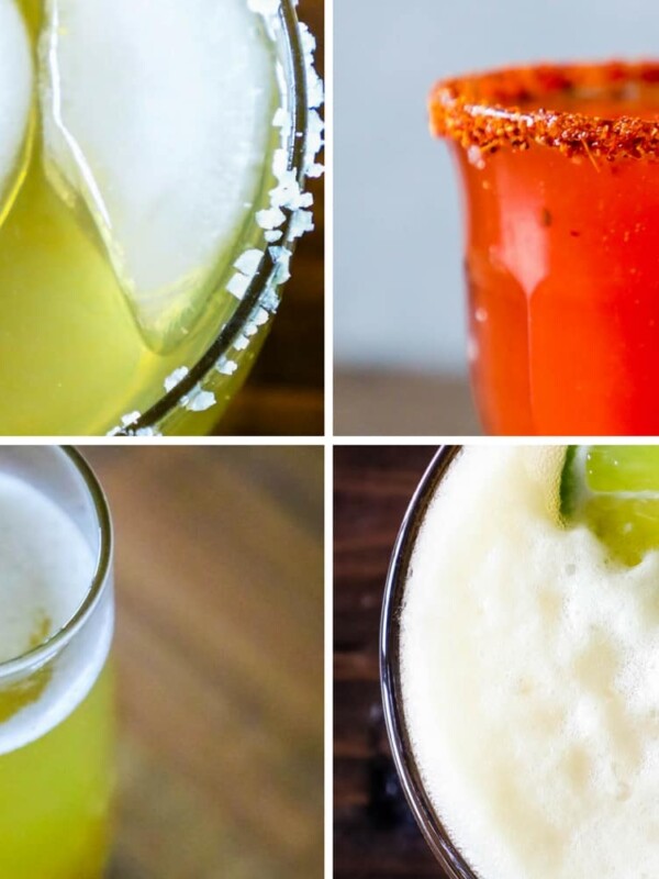 Four pictures of Mexican cocktails with limes and lime wedges.