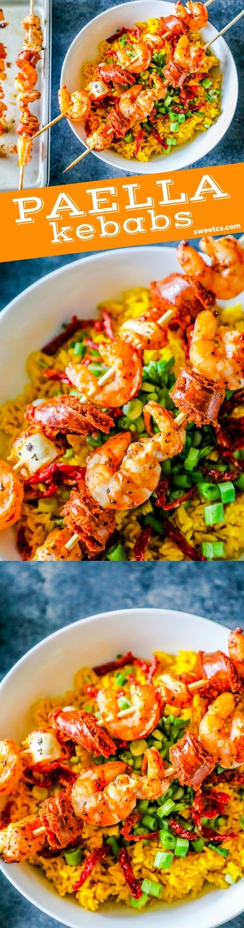 shrimp on a skewer over yellow rice with sundried tomatoes and green onions