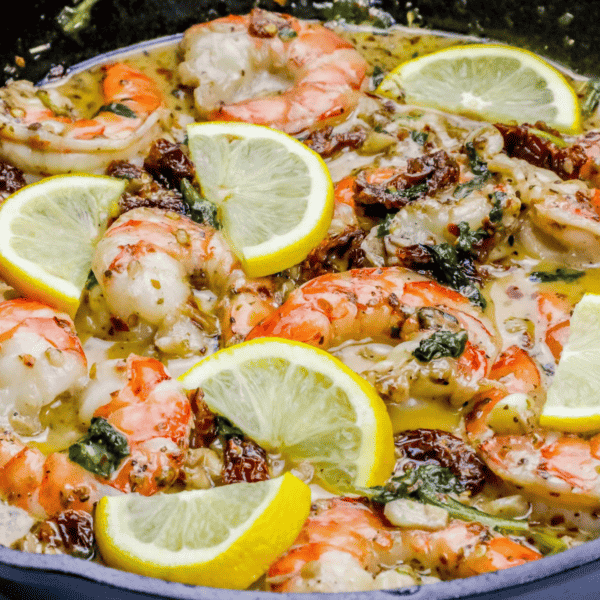 Creamy shrimp in a skillet with lemon slices and spinach.
