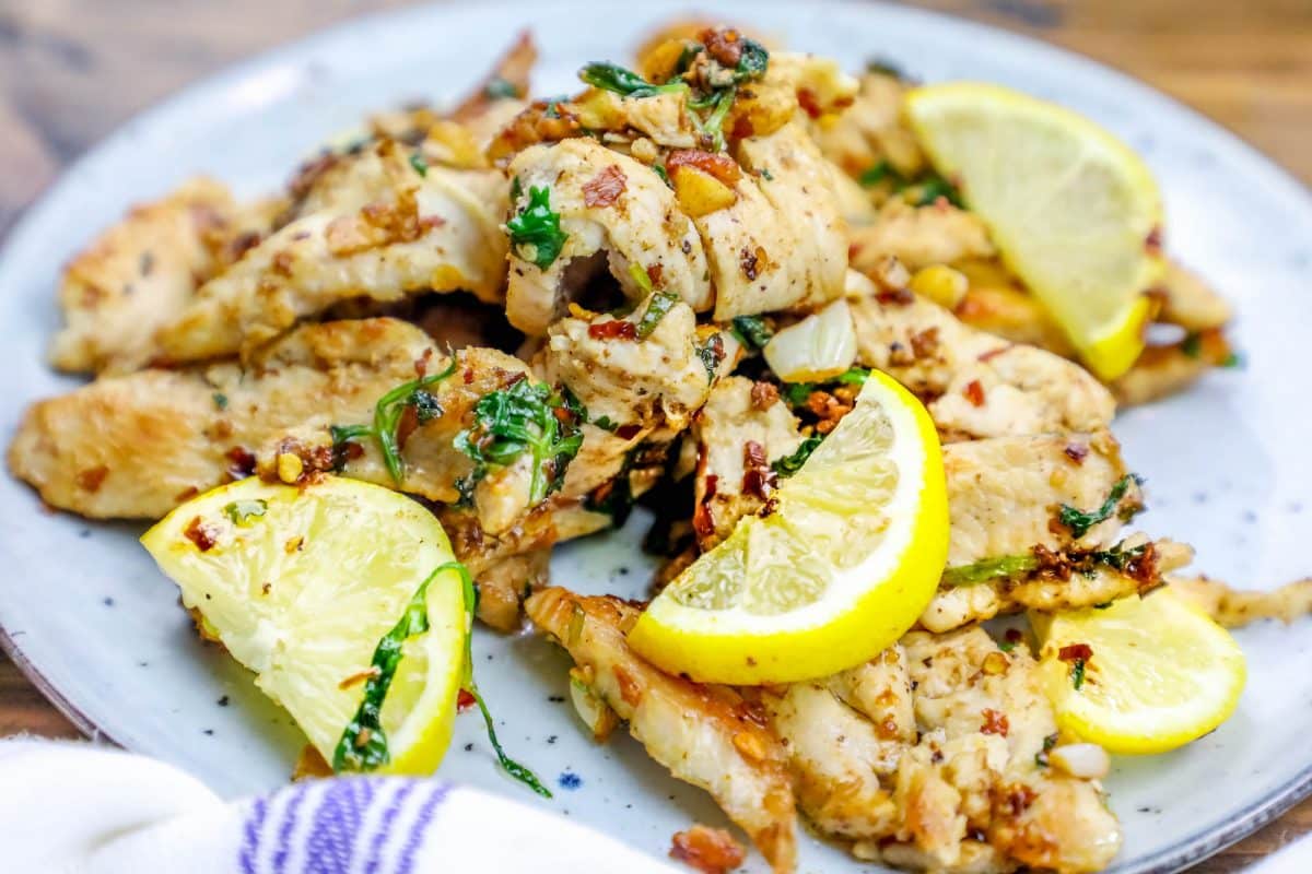Spicy Lemon and Garlic Pan Fried Chicken Strips Skillet