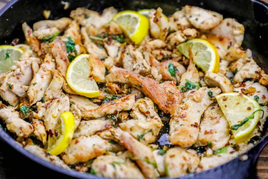 Spicy Lemon and Garlic Pan Fried Chicken Strips Skillet
