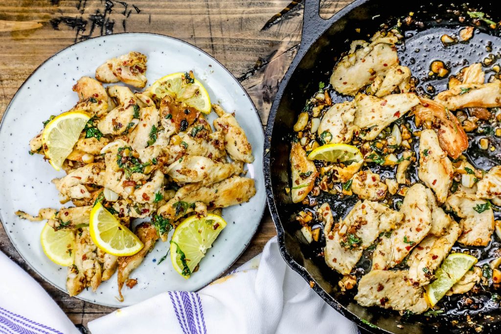 Spicy Lemon and Garlic Pan Fried Chicken Strips Skillet