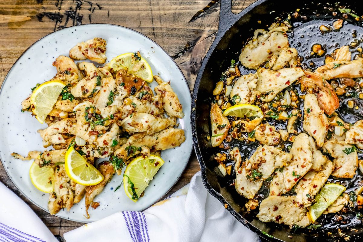 Spicy Lemon and Garlic Pan Fried Chicken Strips Skillet
