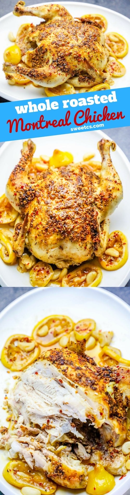 A picture of an easy whole roasted Montreal chicken on a plate.