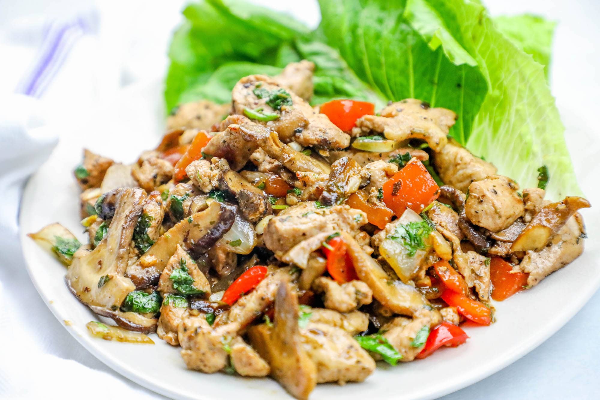 plate of pork diced up with peppers and seasoning on it and lettuce in the background