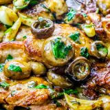 Garlic Butter Chicken Thighs with Mushrooms in One Pot Skillet.