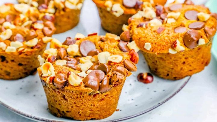 Pumpkin Spice Dump Muffins with Chocolate Chips and Hazelnuts